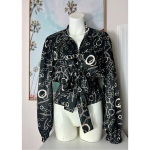 Vintage Black Satin Paris Chain Print V-Neck Tie Blouse Top Size Large L